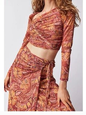 Free People Pink and Orange Paisley Ruched Crop Top & Skirt Set